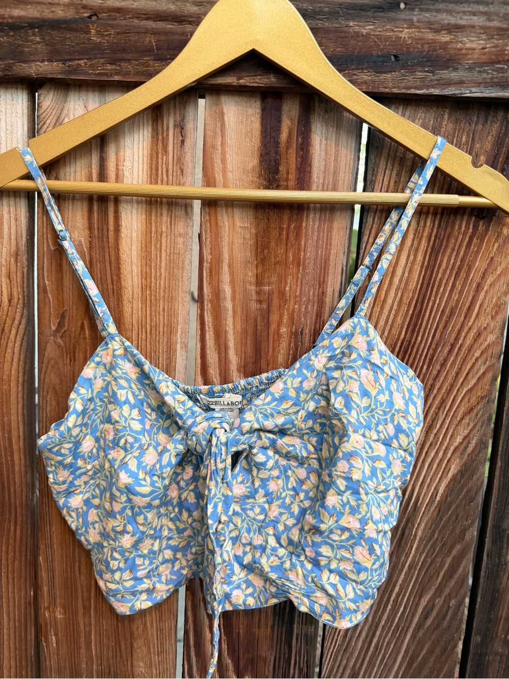 Billabong Blue Floral Tie-Front Smocked Sweetheart Crop Top - Size L